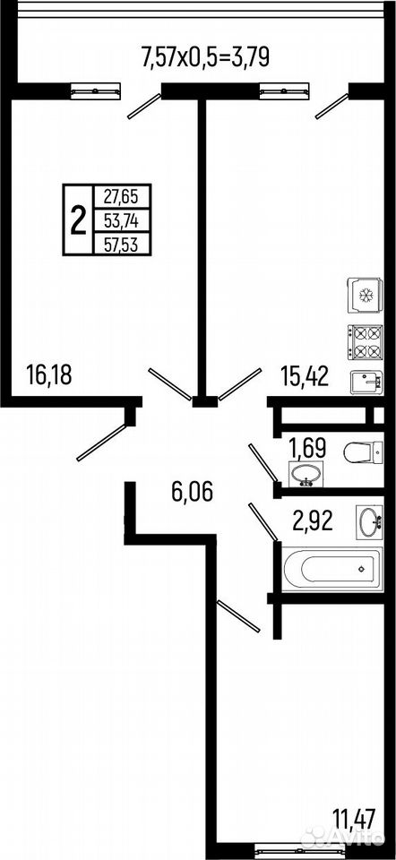 2-к. квартира, 53,7 м², 9/9 эт., Небуг